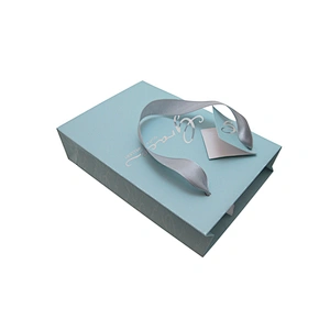 Accept custom printed blue paper bag with ribbon