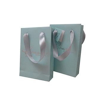 Accept custom printed blue paper bag with ribbon