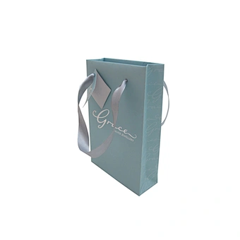 Accept custom printed blue paper bag with ribbon