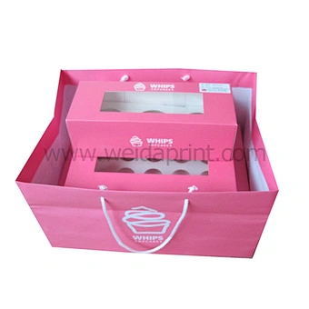 Set pink cupcake box with clear window and paper bag