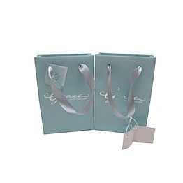 Accept custom printed blue paper bag with ribbon
