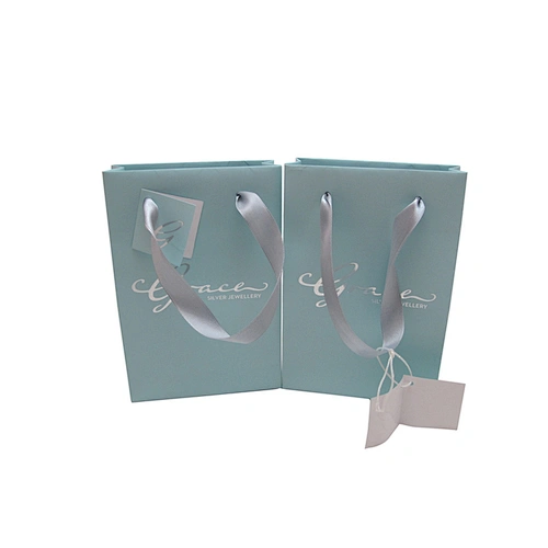 Accept custom printed blue paper bag with ribbon