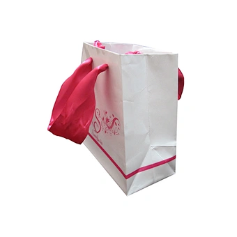 Custom printed cosmetic paper bag with ribbon handle