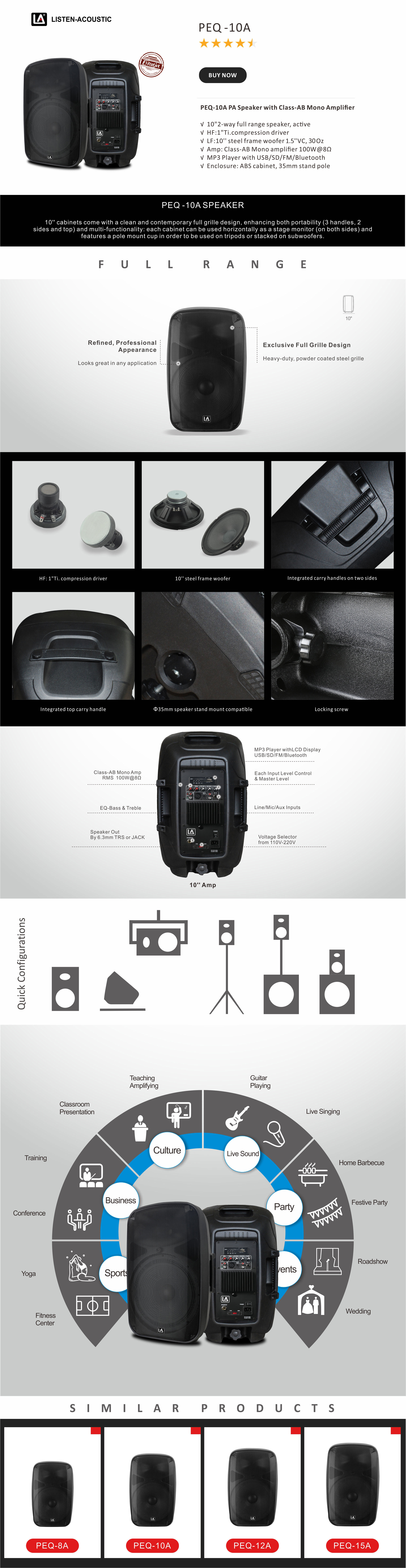 active pa speakers, portable Bluetooth speaker, wireless speaker, ABS Molded PA Speakers, pen 10a portable Bluetooth speaker with class ab mono amplifier