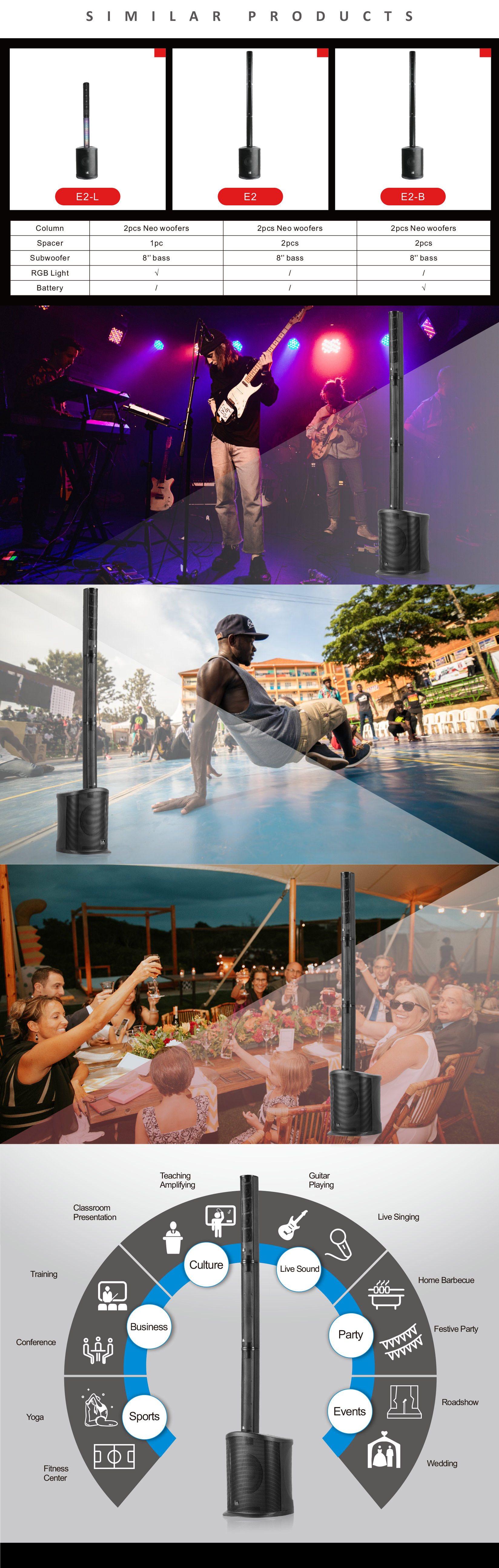 battery powered sound system, Column Speaker System E2-B, active speaker system powered, Column Loudspeakers, powered speaker pa system, Combination Systems E2 Series
