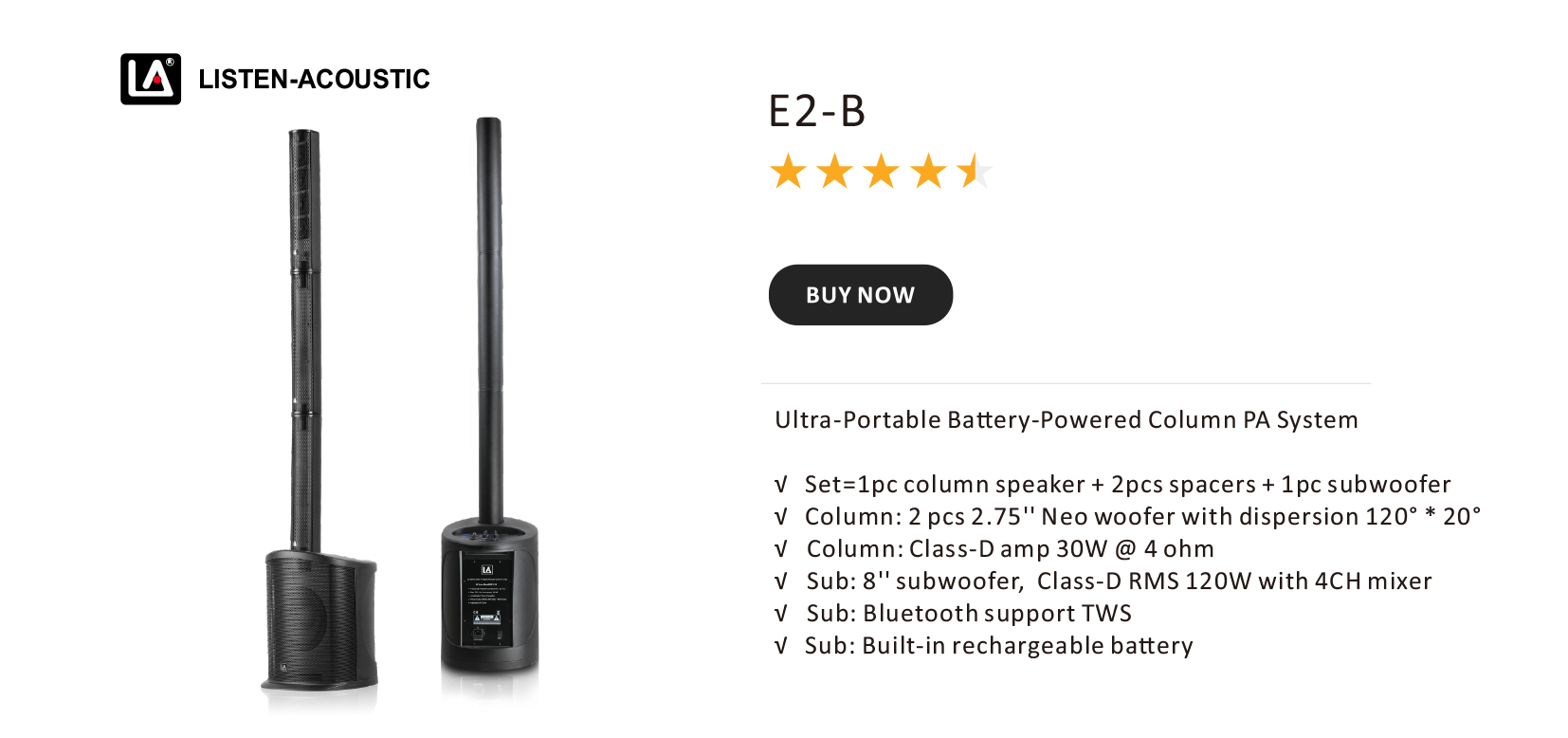 battery powered sound system, Column Speaker System E2-B, active speaker system powered, Column Loudspeakers, powered speaker pa system, Combination Systems E2 Series