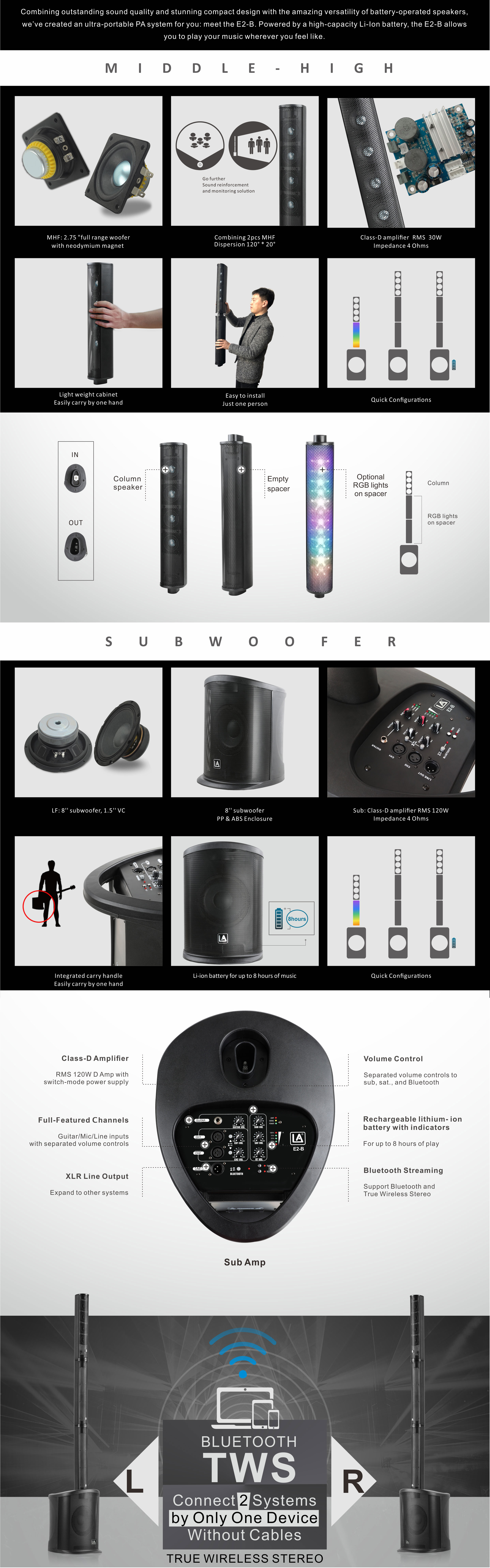 battery powered sound system, Column Speaker System E2-B, active speaker system powered, Column Loudspeakers, powered speaker pa system, Combination Systems E2 Series