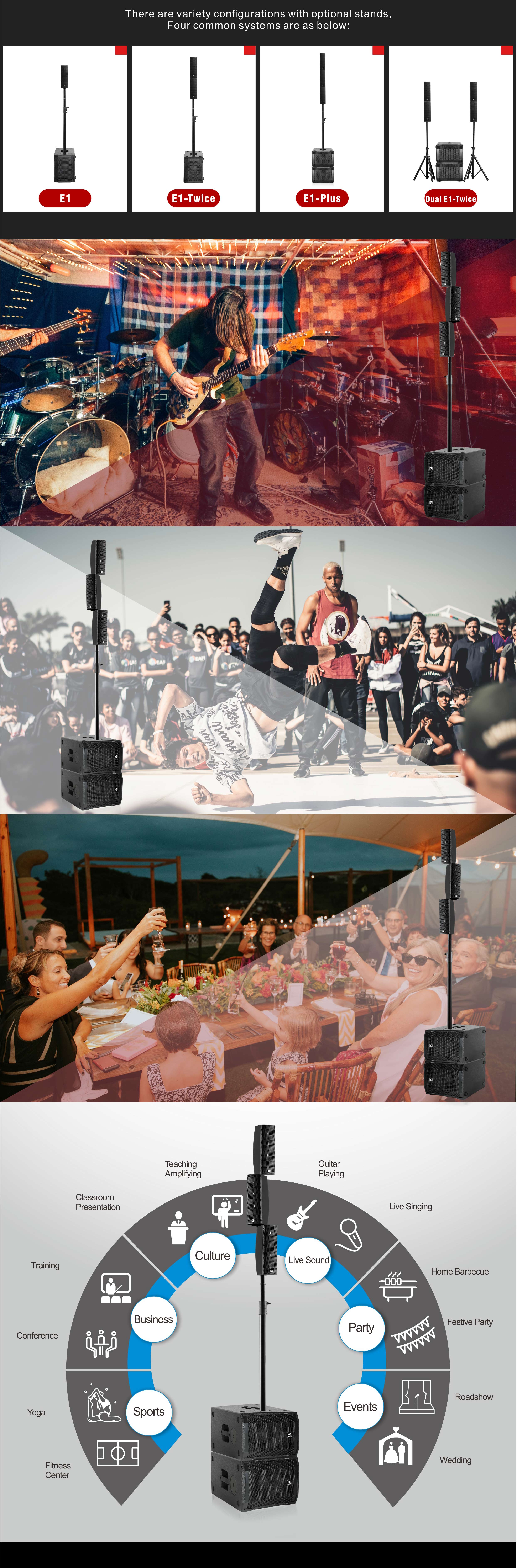 Combination Systems E1 Series, Portable Loudspeakers, powered line array speakers, E1 Plus best line array speakers for Dj