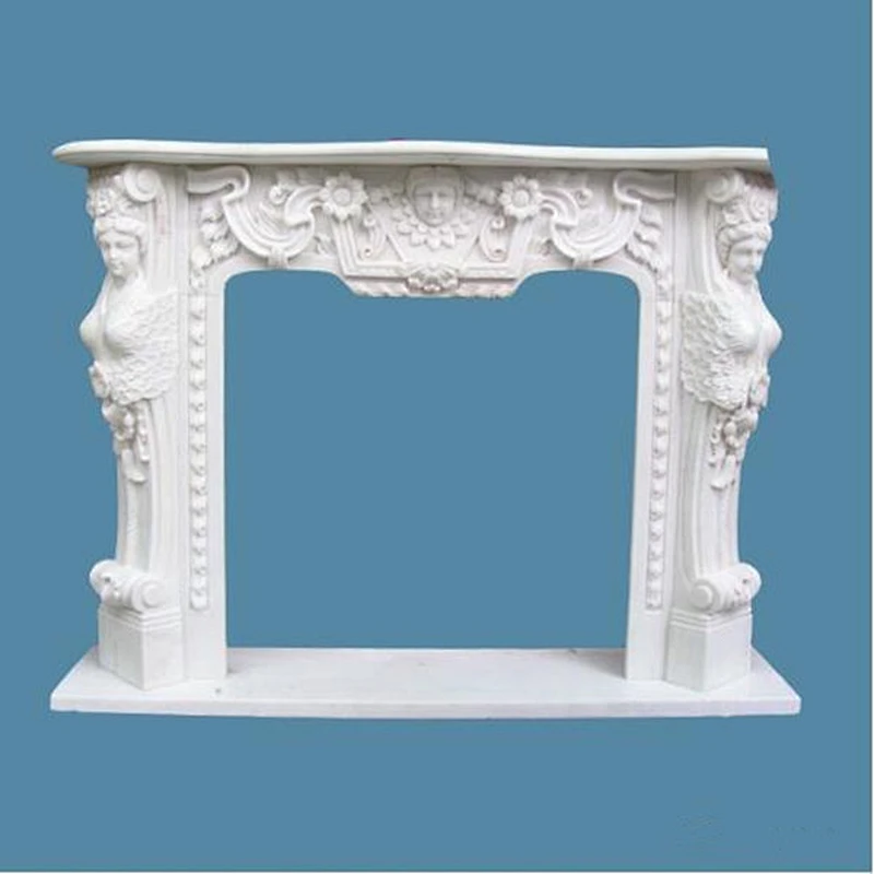 Hand Carved White Marble Fireplace Mantel With A Mirror