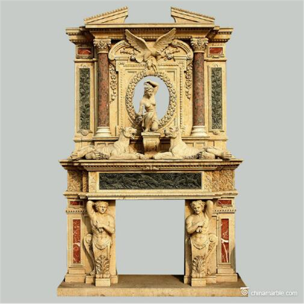 Double Hand Carved Classical Decorative Mirrored Beige Marble Stone Fireplace