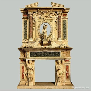 Double Hand Carved Classical Decorative Mirrored Beige Marble Stone Fireplace
