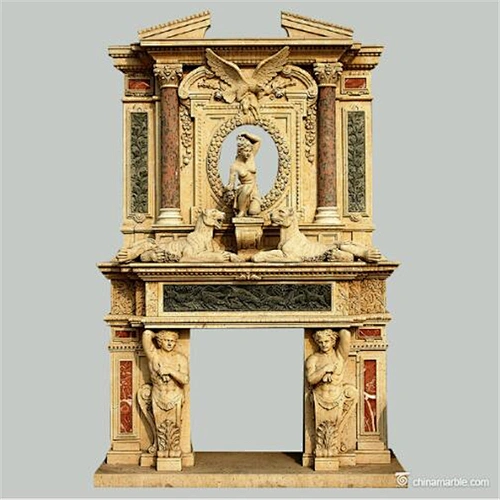 Double Hand Carved Classical Decorative Mirrored Beige Marble Stone Fireplace