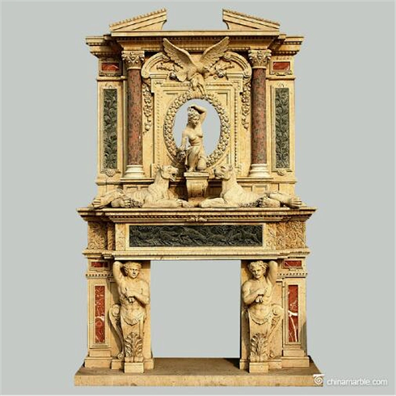 Double Hand Carved Classical Decorative Mirrored Beige Marble Stone Fireplace