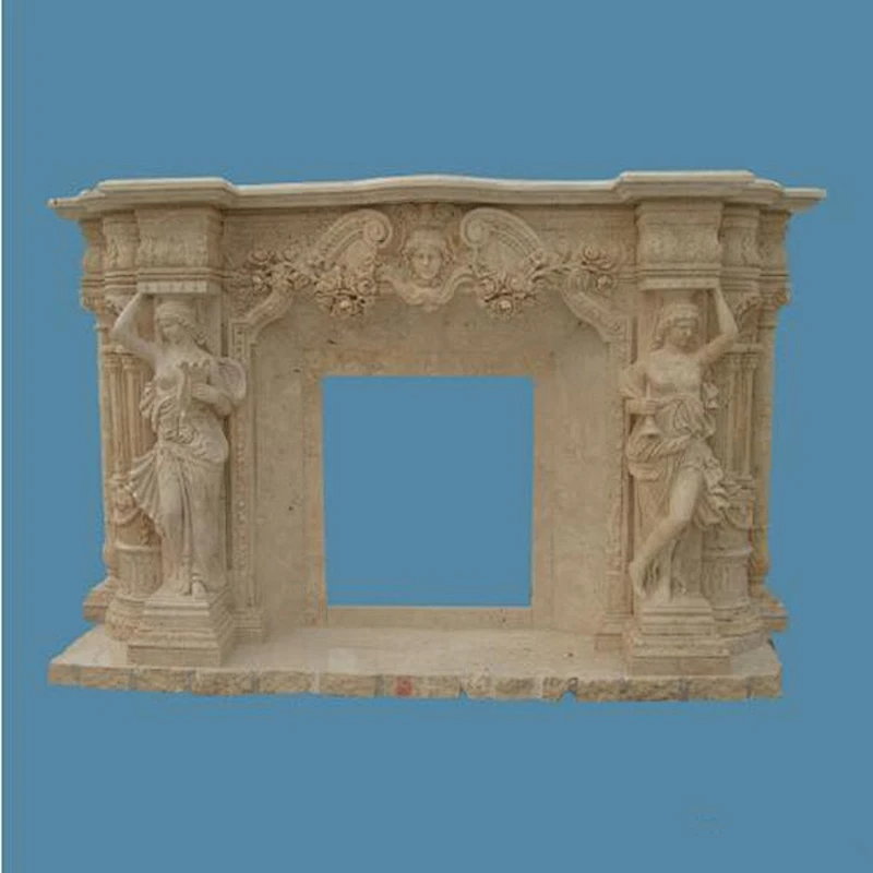Indoor Decorative Lime Stone Statue Fireplaces Mantel With Pillar
