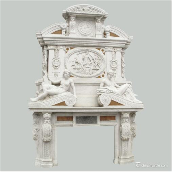 Carved Luxury Italian Large White Marble Double Tier Fireplaces Mantels