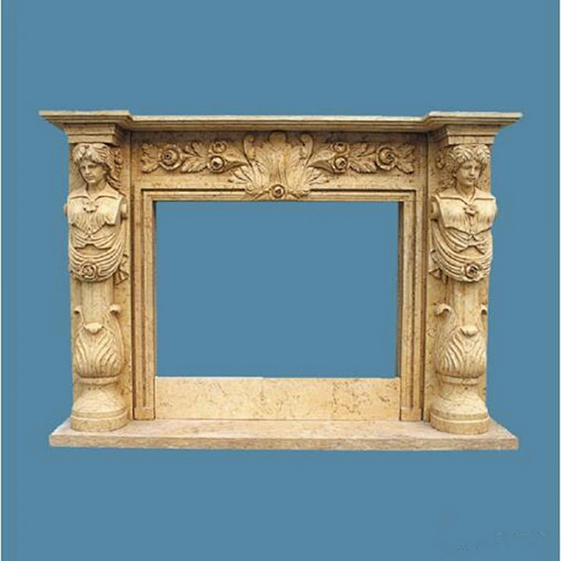 Indoor Decorative Lime Stone Statue Fireplaces Mantel With Pillar