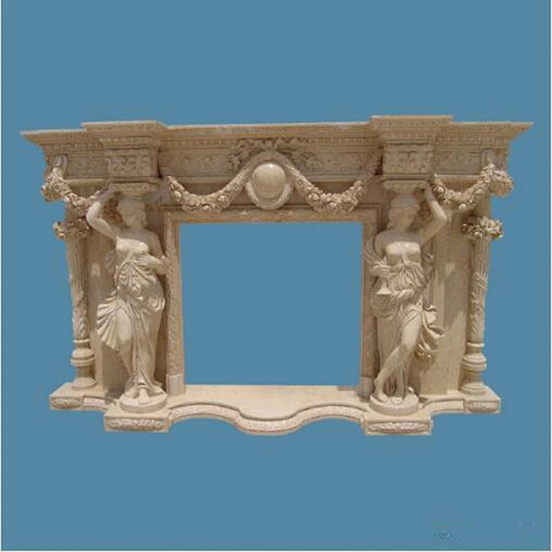 Indoor Decorative Lime Stone Statue Fireplaces Mantel With Pillar