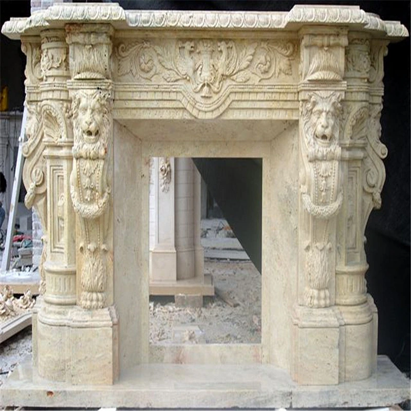 Retro White Marble Luxurious Fireplace Mantel With Lion