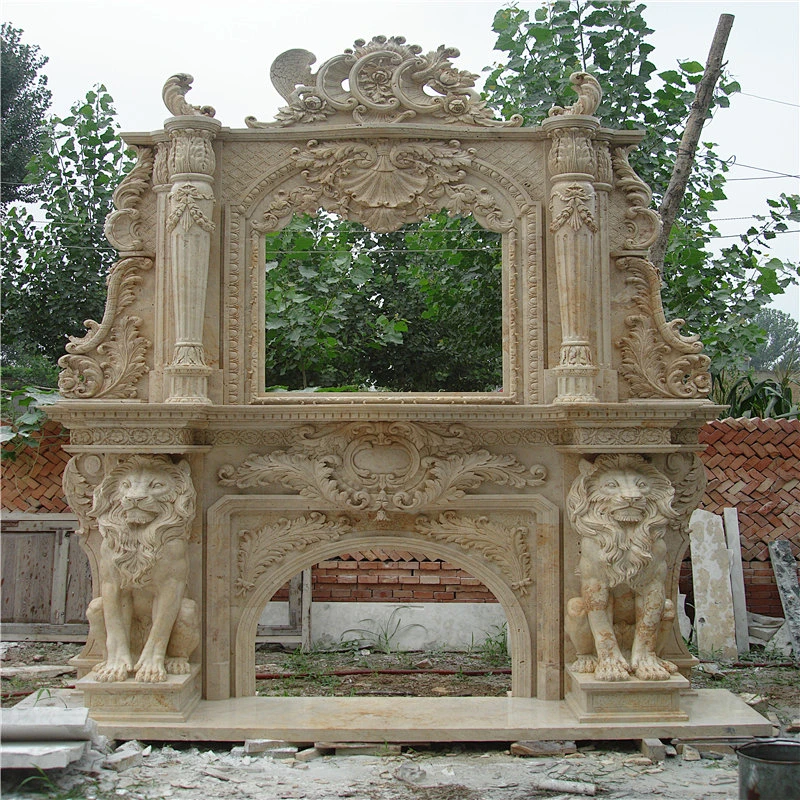 Retro White Marble Luxurious Fireplace Mantel With Lion