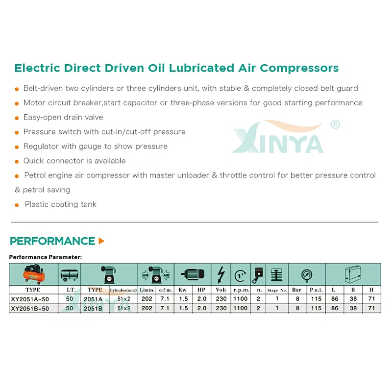 XINYA hot sale piston type portable small belt driven air compressor pump cheap for sale 100L  (XY2065A-50)