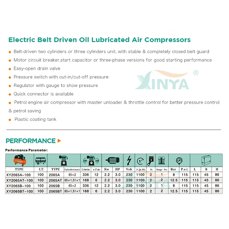 XINYA hot sale piston type portable small belt driven air compressor pump cheap for sale 100L  (XY2065A-100)