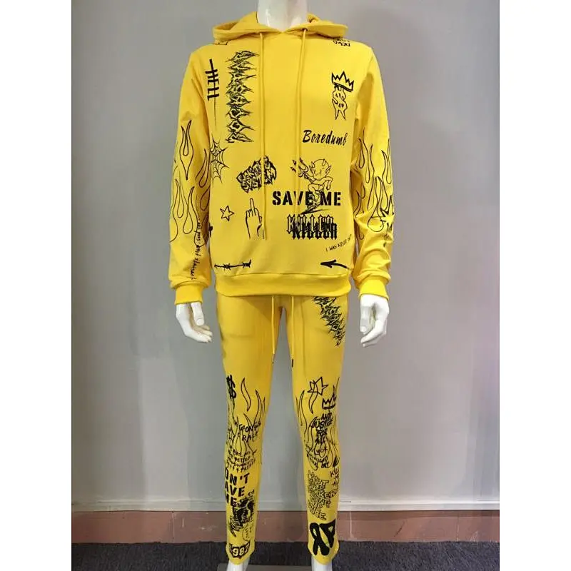 Men's fashion cool high quality full printing hoodie set with pants