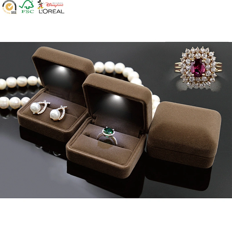 Velvet jewellery box with led light jewelry ring holder earrings gift boxes