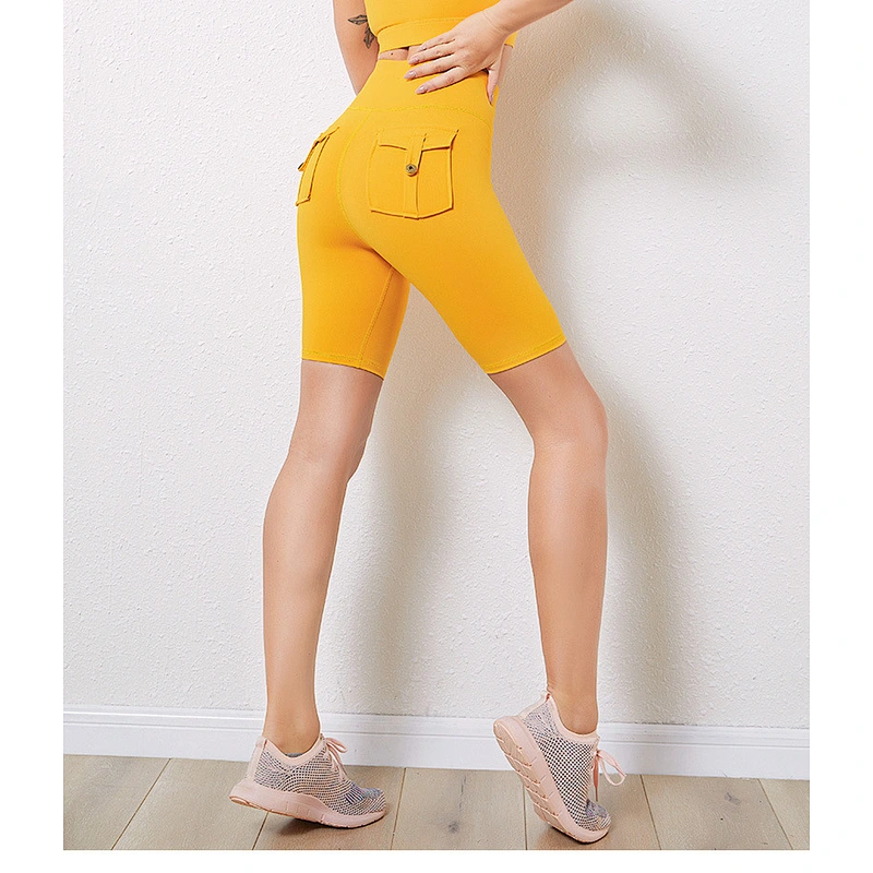 High waist sexy mustard color women's yoga fitness shorts  custom design for traing and outdoor running wear