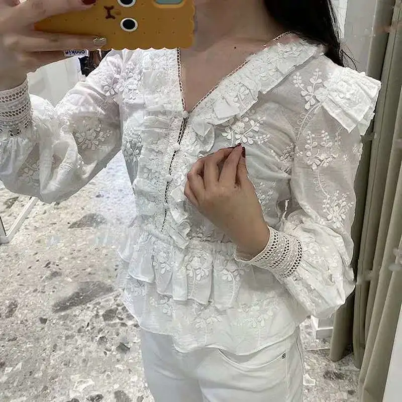 Jacquard Women Long Sleeve Blouse