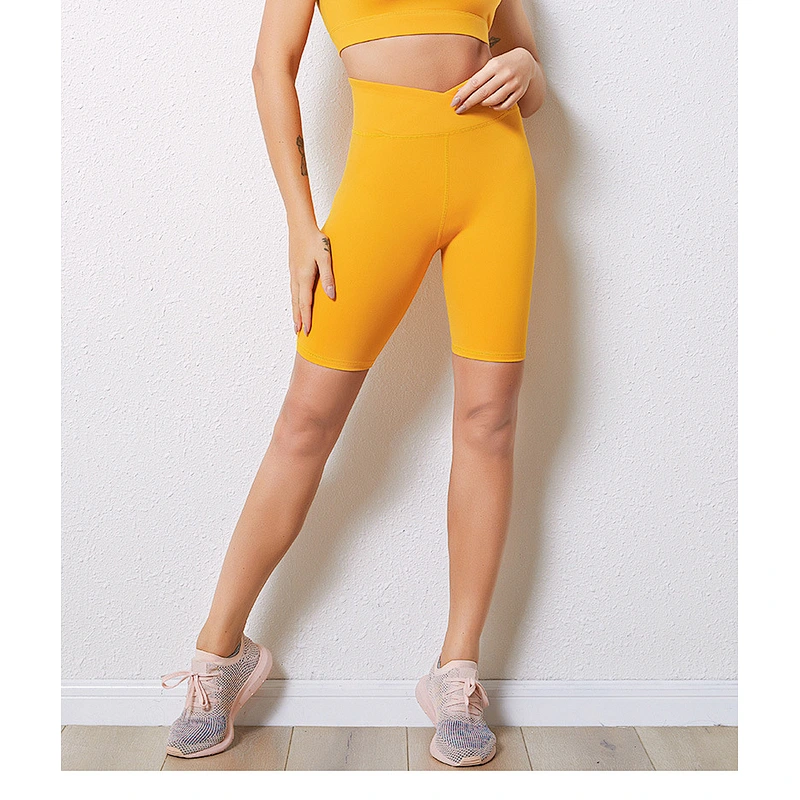 High waist sexy mustard color women's yoga fitness shorts  custom design for traing and outdoor running wear