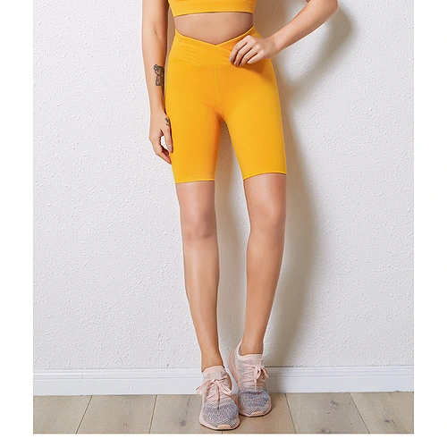 High waist sexy mustard color women's yoga fitness shorts  custom design for traing and outdoor running wear