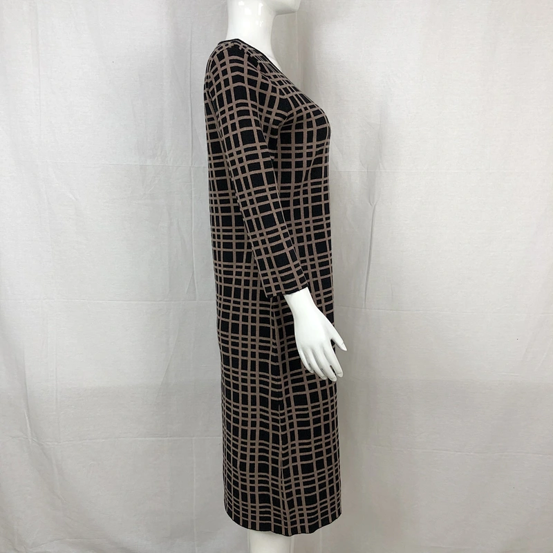 Viscose polyester spring elegant knitting dress long plaid sweater dress