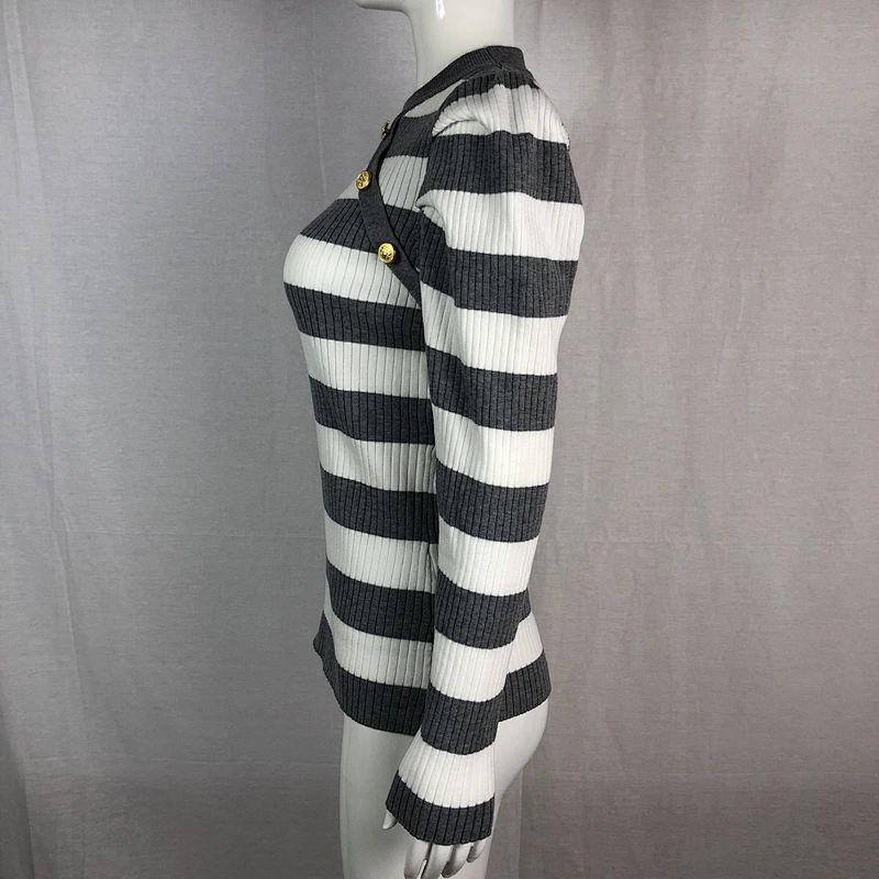 68%viscose 32%nylon striped round neck thin basic ladies sweater with buttons