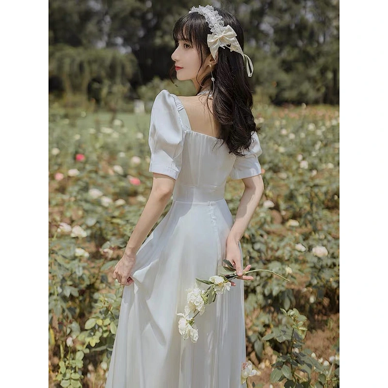 2021 spring new mid long waist French Hepburn dress