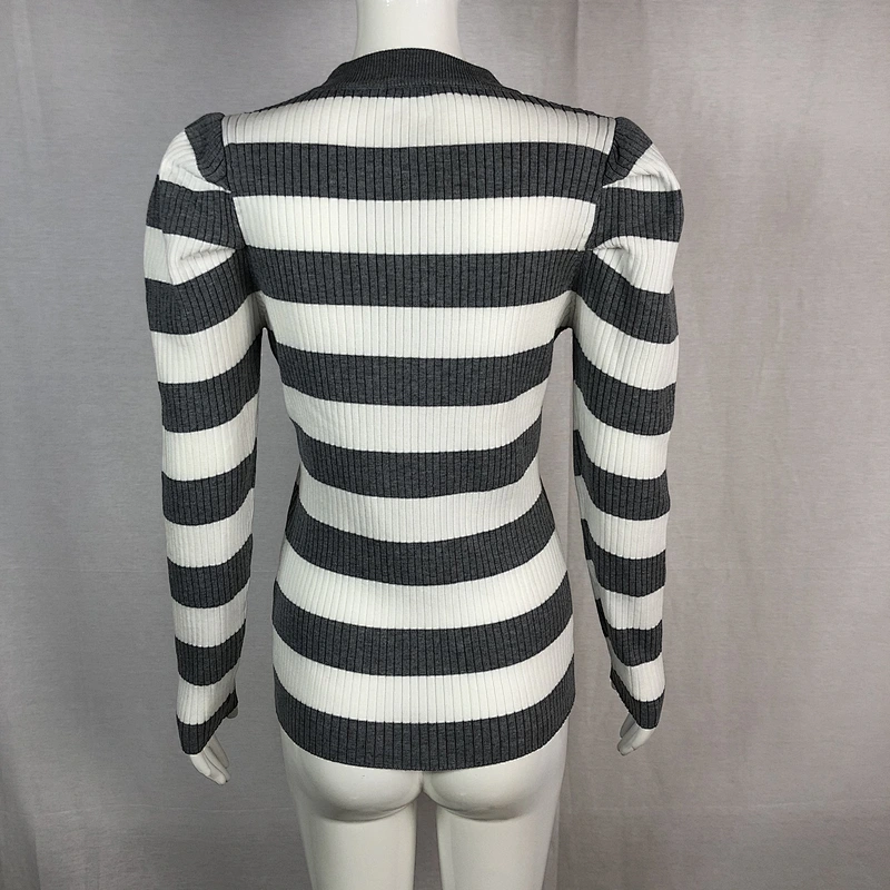 68%viscose 32%nylon striped round neck thin basic ladies sweater with buttons