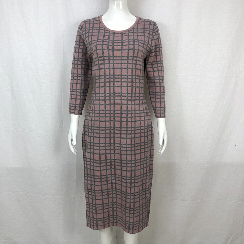 Viscose polyester spring elegant knitting dress long plaid sweater dress