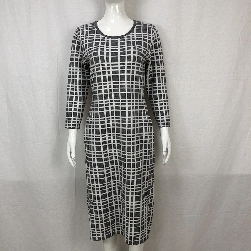 Viscose polyester spring elegant knitting dress long plaid sweater dress