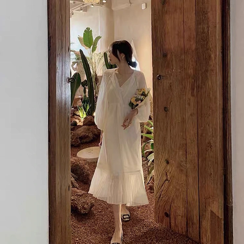 2021 spring new mid long waist French Hepburn dress