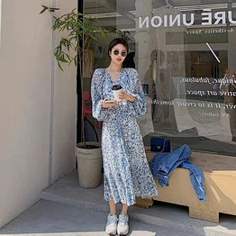 2021 spring new mid long waist French Hepburn dress