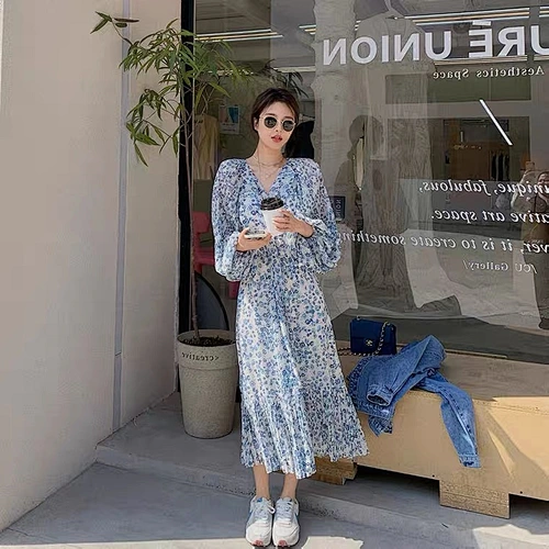 2021 spring new mid long waist French Hepburn dress