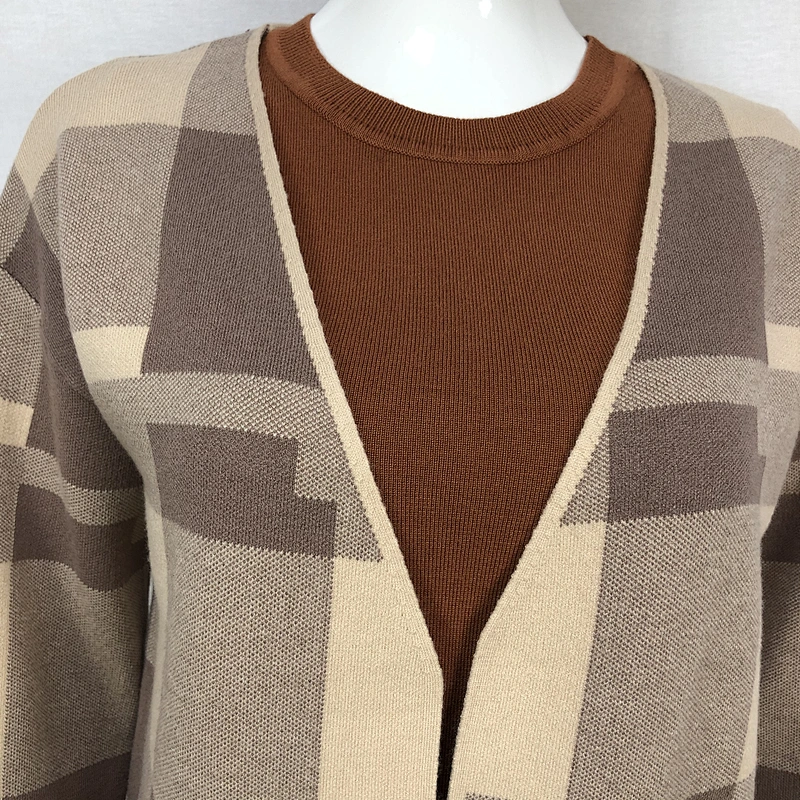 Spring 68% viscose 32% nylon liesure women classic plaid sweater cardigan for ladies