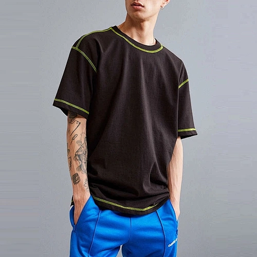 Men's oversize casual streetwear cotton rib-knit banding T Shirt