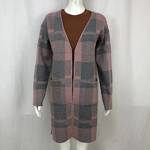 Spring 68% viscose 32% nylon liesure women classic plaid sweater cardigan for ladies