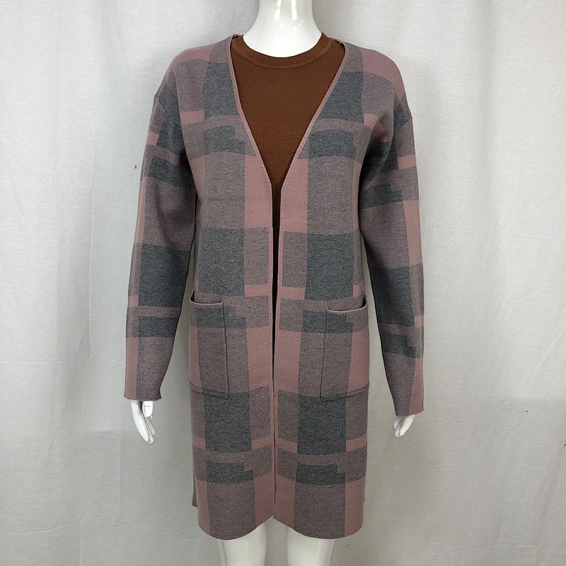 Spring 68% viscose 32% nylon liesure women classic plaid sweater cardigan for ladies