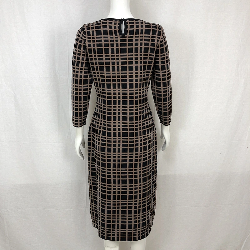 Viscose polyester spring elegant knitting dress long plaid sweater dress