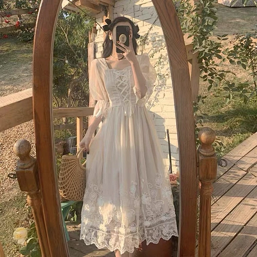 2021 spring new mid long waist French Hepburn dress