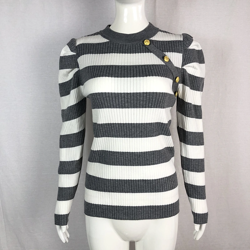 68%viscose 32%nylon striped round neck thin basic ladies sweater with buttons