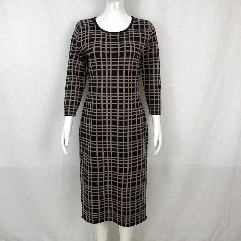 Viscose polyester spring elegant knitting dress long plaid sweater dress