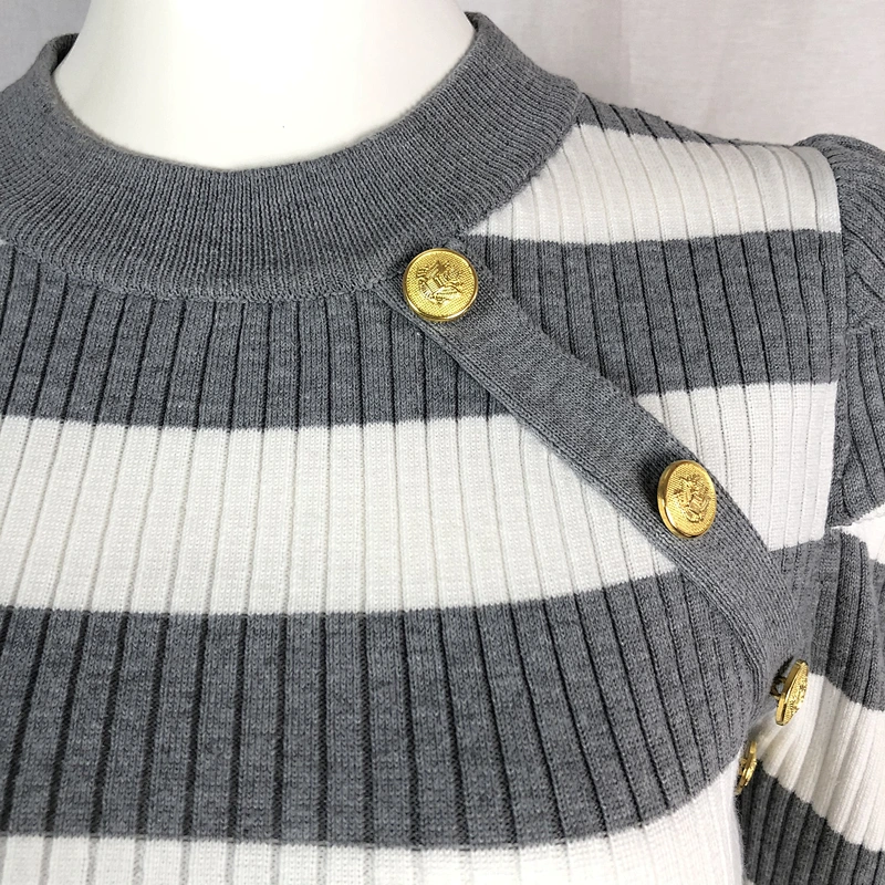 68%viscose 32%nylon striped round neck thin basic ladies sweater with buttons