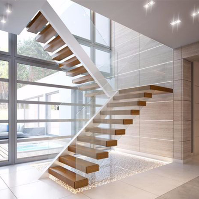 Peldaños de escalera de madera y sistema de barandilla de escalera de vidrio